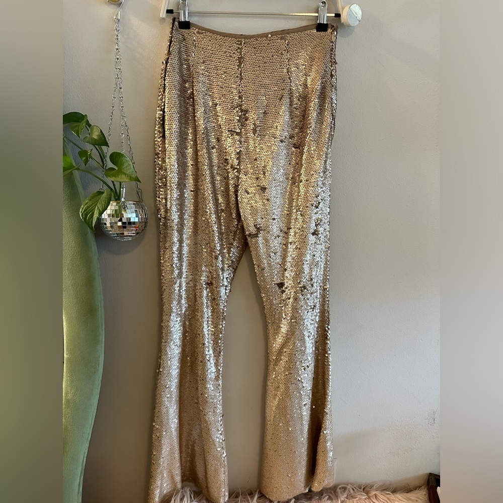 Rose gold, sequin flare pants peace + love size 6 UK 10 10B NWT - Picture 2 of 5
